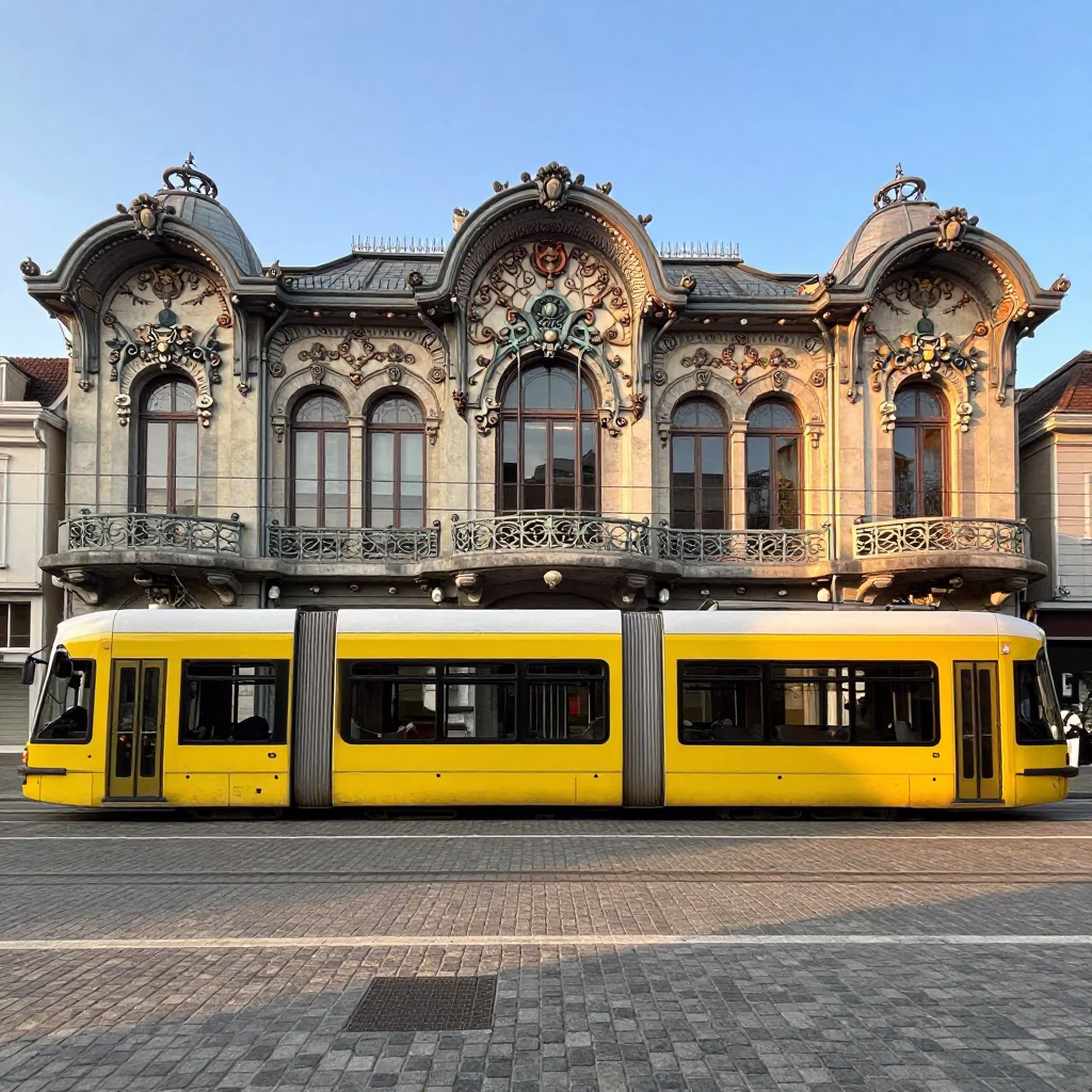 Brussels Tram Passing Art Nouveau Façade Just After Sunrise in in Brussels, Belgium