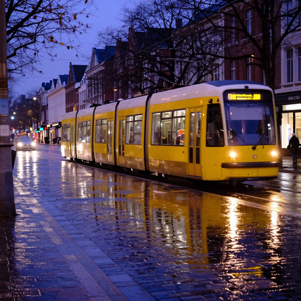 Brussels Tram Reflections in Cobblestone Rain at Indigo Twilight in in Brussels, Belgium