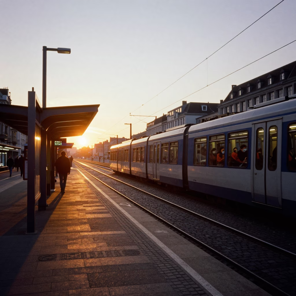 Brussels Tram Station at Dusk with Metro Train and Street Life in in Brussels, Belgium
