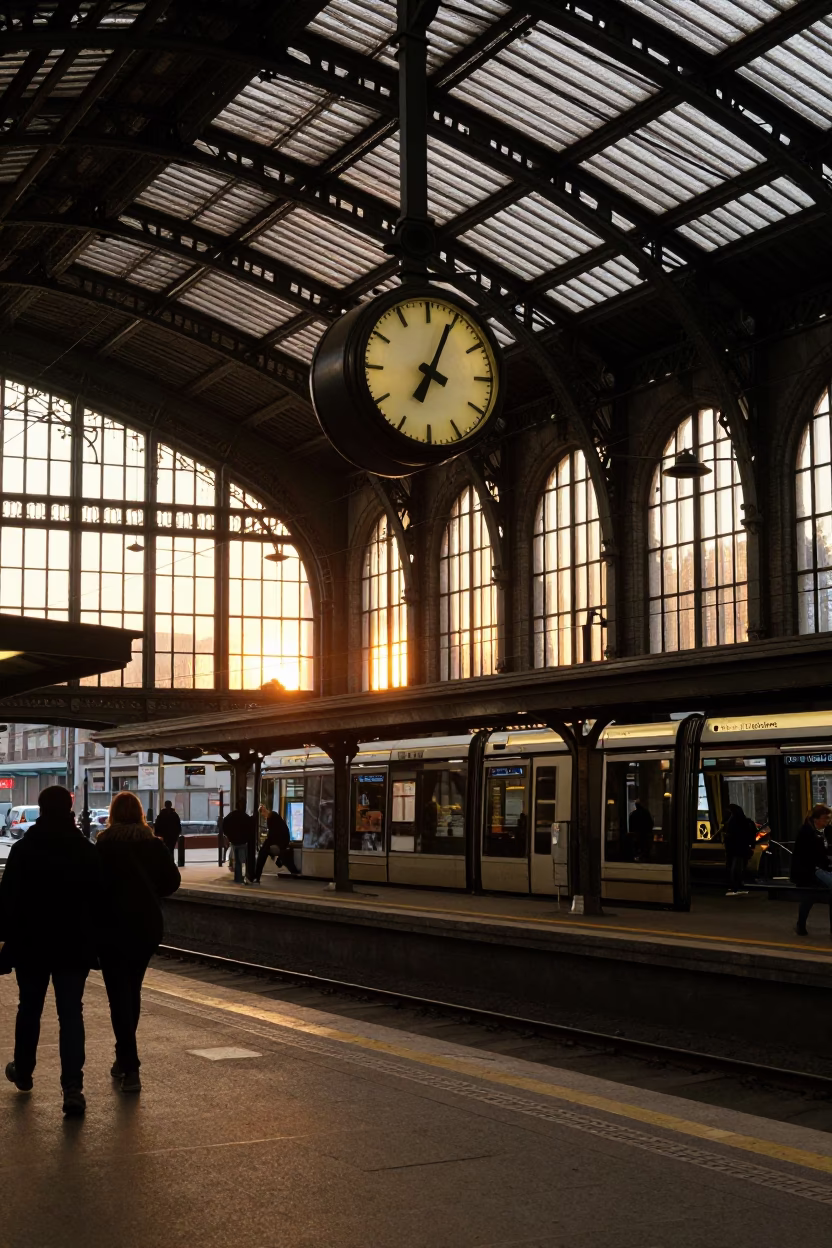 Brussels Tram Station Sunset Scene with Iron Roof and Clock at Dusk in in Brussels, Belgium