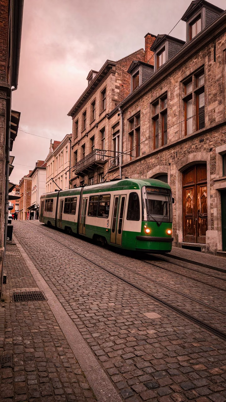 Brussels Tram Steep Hill Copper Dusk Scene with Weathered Door in in Brussels, Belgium