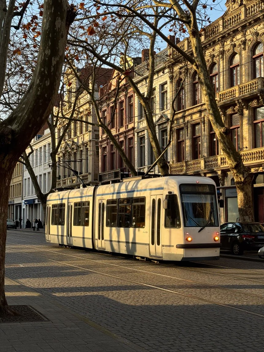 Brussels Tramcar on Tree-Lined Boulevard in Late Afternoon Light in in Brussels, Belgium