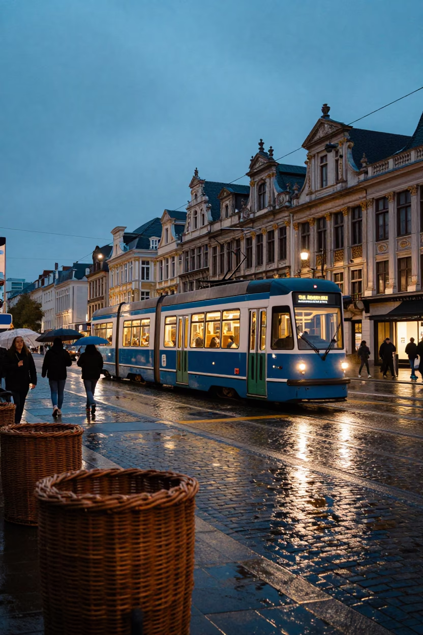 Brussels Twilight Street Scene with Heritage Tram and Wicker Hamper in in Brussels, Belgium