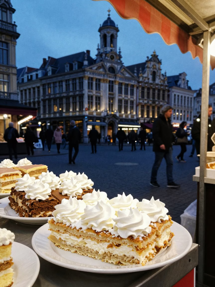 Brussels Twilight Street Scene with Traditional Sweets and Daily Life in in Brussels, Belgium