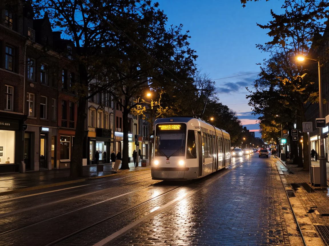 Brussels Twilight Street Scene with Tramcar on Tree-Lined Boulevard in in Brussels, Belgium