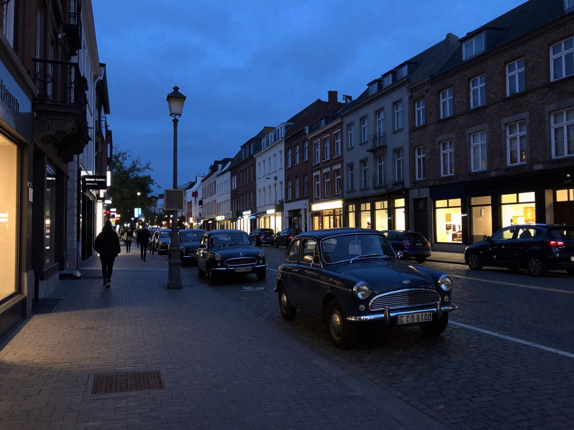 Brussels Twilight Street Scene with Vintage Car and Coffee Cup in in Brussels, Belgium
