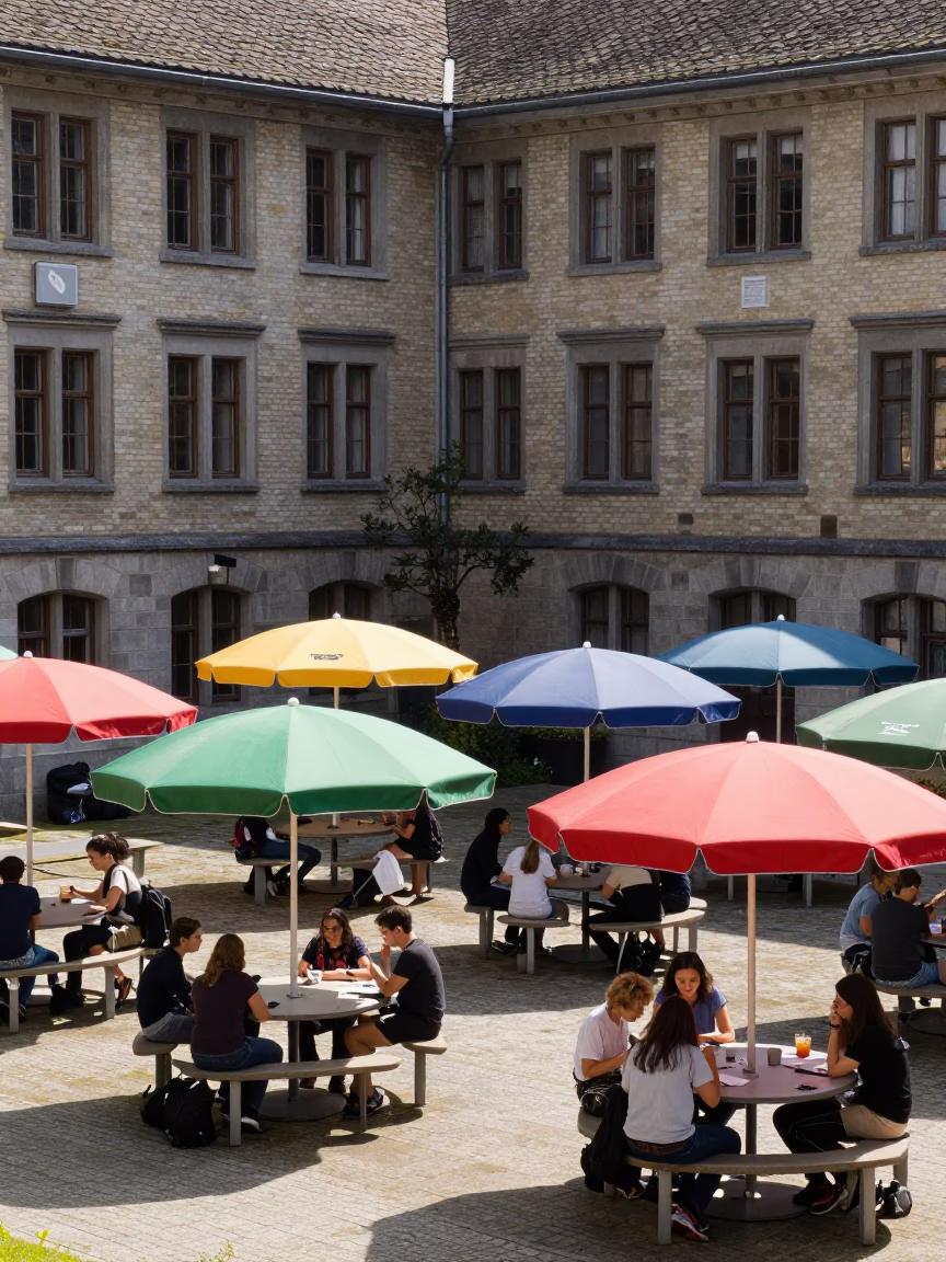 Brussels University Courtyard Umbrellas Noon Light Seminar Blocks in in Brussels, Belgium