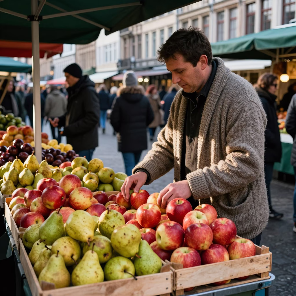 Brussels Winter Noon Street Scene with Fruit Vendor and Cardigan Wearer in in Brussels, Belgium