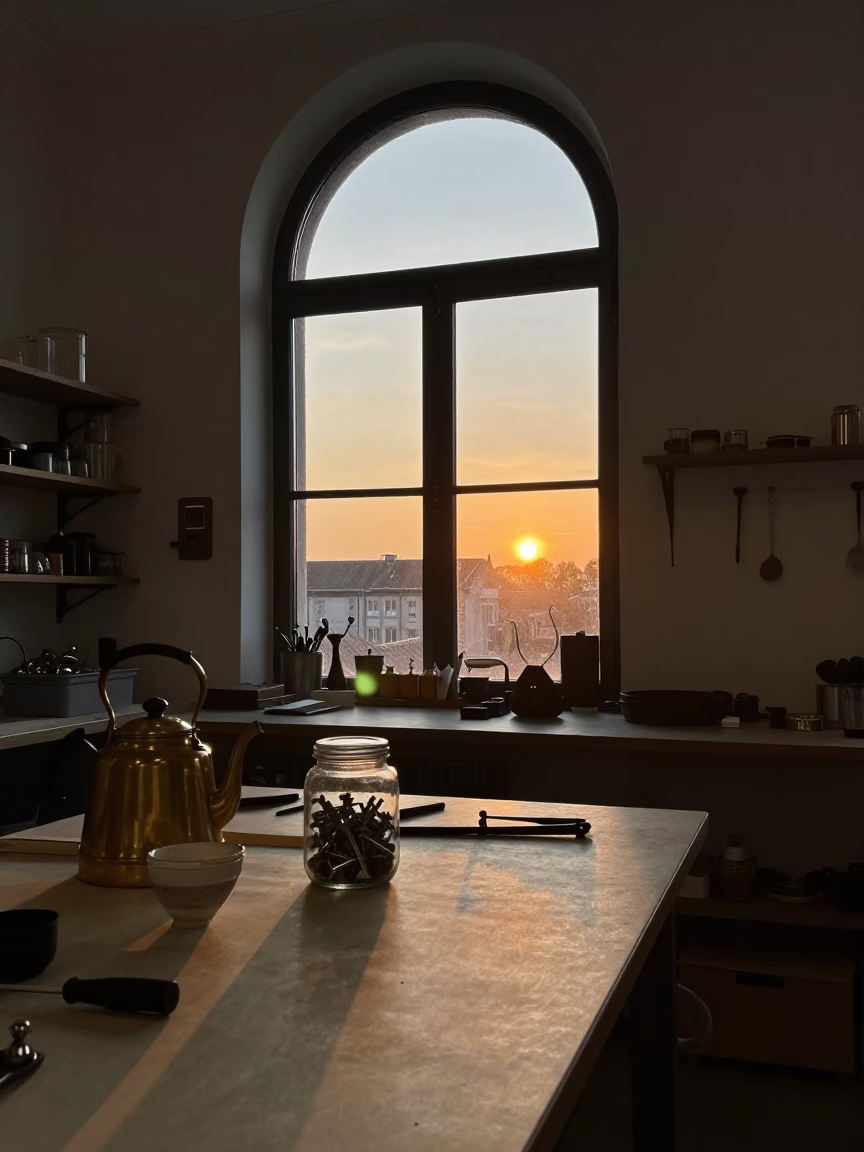 Brussels Workshop Interior at Dusk with Tools and Tea Kettle in in Brussels, Belgium