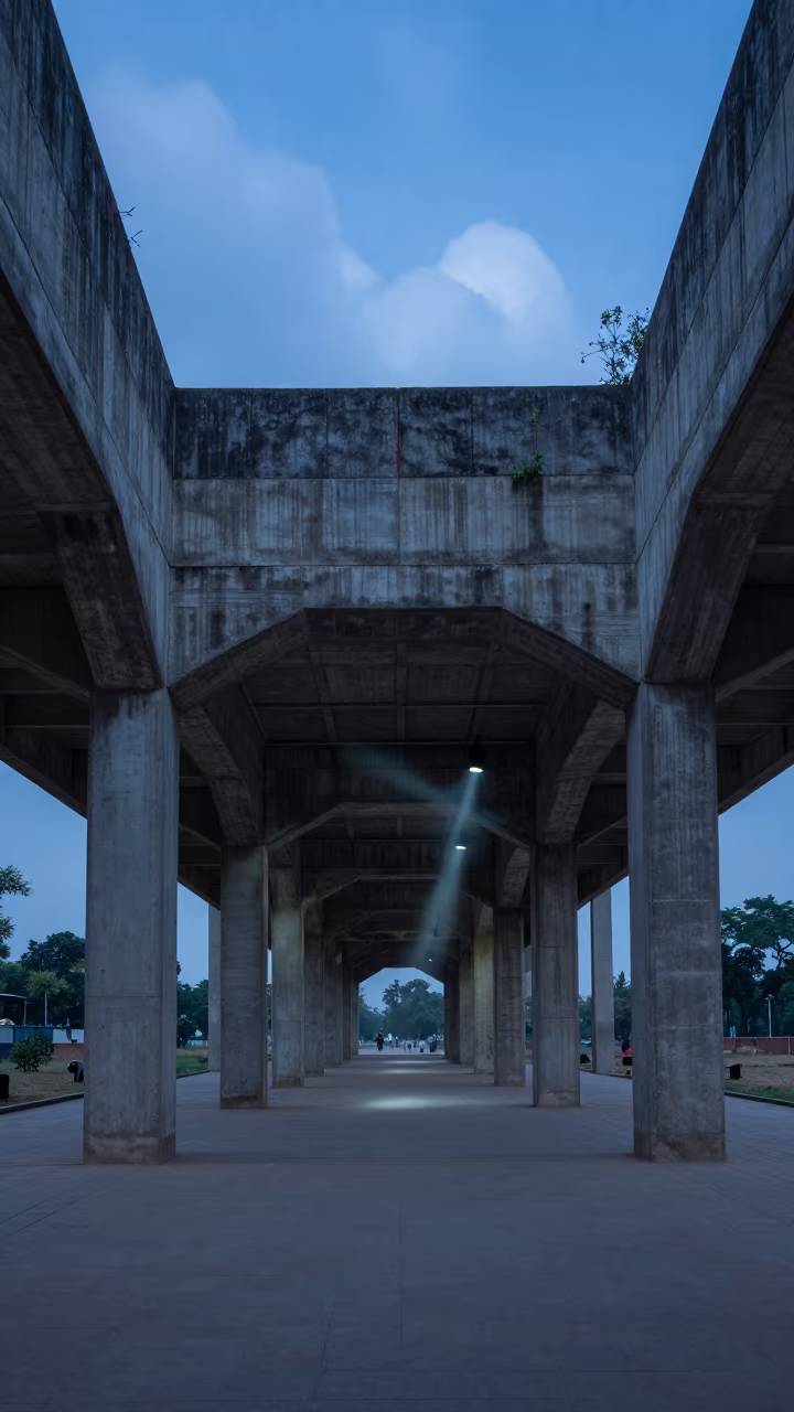 Brutalist Architecture in Delhi Train Terminal Twilight in inside a restored train terminal in Nizamuddin, Delhi
