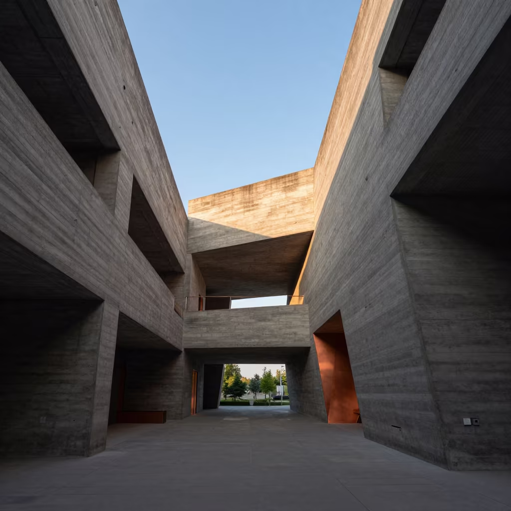 Brutalist Atrium Copper Light Before Dusk in inside a vaulted atrium near Bytom