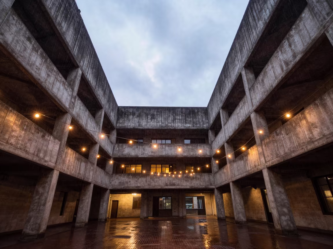 Brutalist Atrium Glow with String Lights in inside a vaulted atrium near Moçâmedes