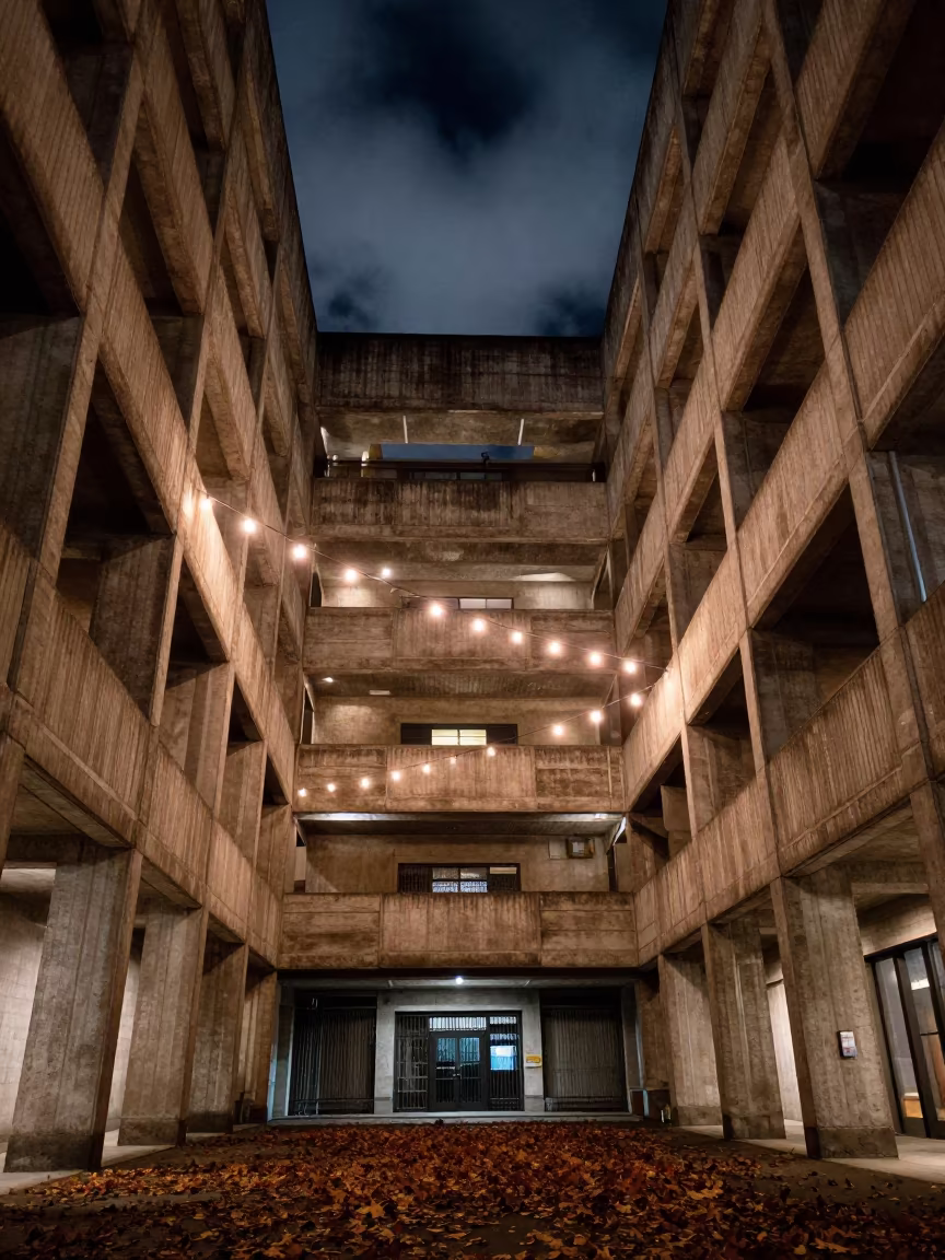 Brutalist Atrium Under String Lights in inside a vaulted atrium in Downtown, Los Angeles