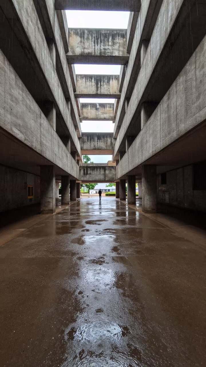 Brutalist Civic Center Skylit Passage Kaduna Rain in inside a skylit passageway near Kaduna