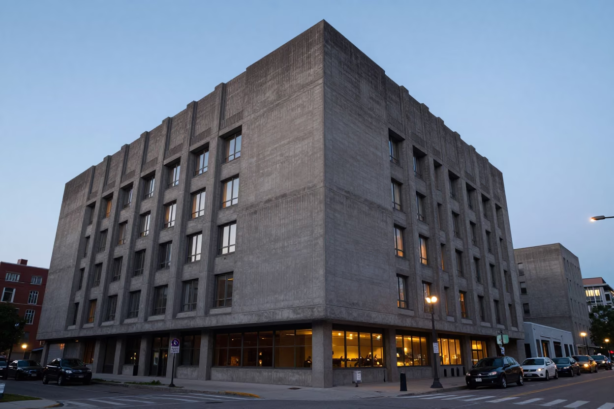 Brutalist Concrete Architecture of Montreal University at Dusk with Bicycle in in Montreal, Quebec, Canada