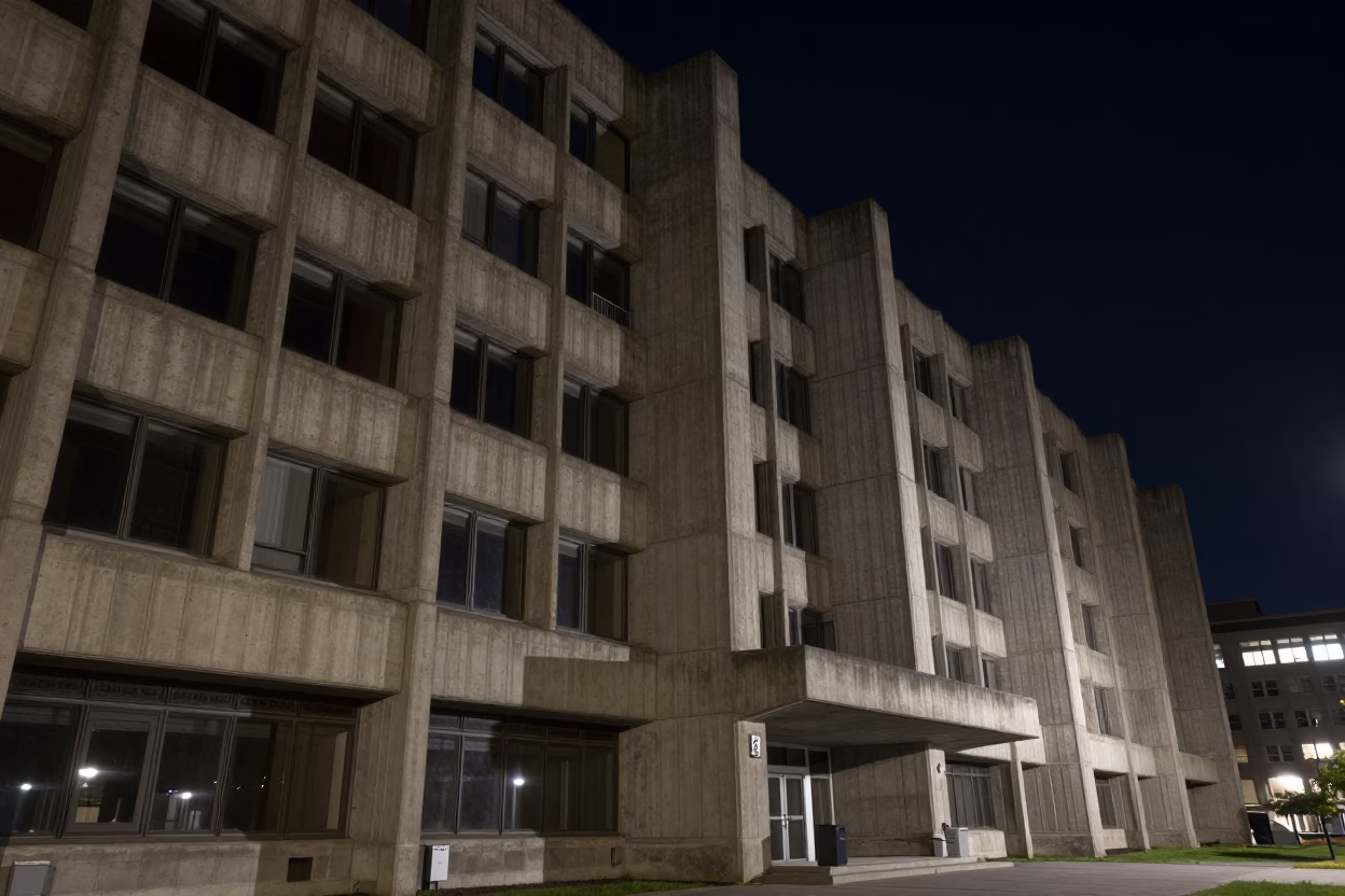 Brutalist Concrete Architecture of Montreal University Under Deep Night Sky in in Montreal, Quebec, Canada