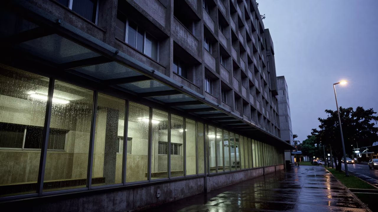 Brutalist Concrete Block Suva Arcade Predawn in inside a glass-roofed arcade in Suva