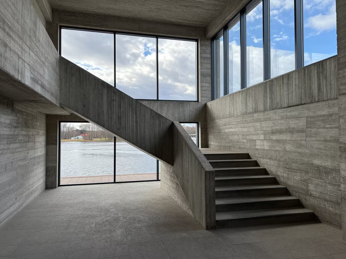 Brutalist Concrete Stair Hall in Oulu Noon in inside a tiled stair hall in Oulu