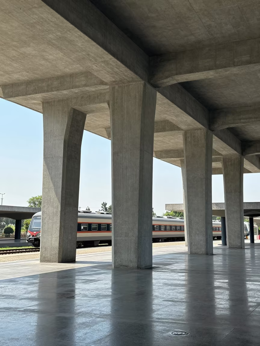 Brutalist Concrete Terminal Abbottabad Morning in inside a restored train terminal in Abbottabad