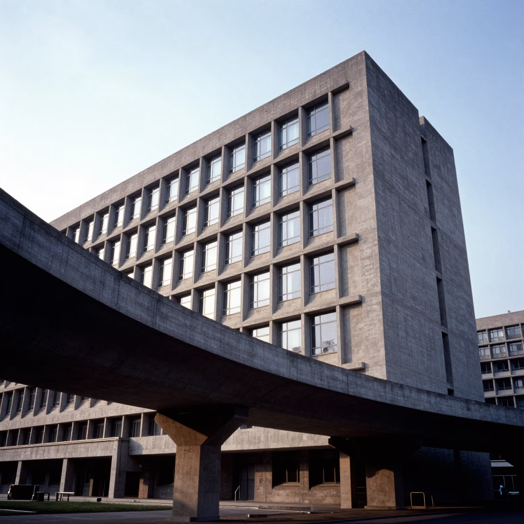 Brutalist Concrete University Building and Curving Viaduct in Early Afternoon Beijing China in in Beijing, China