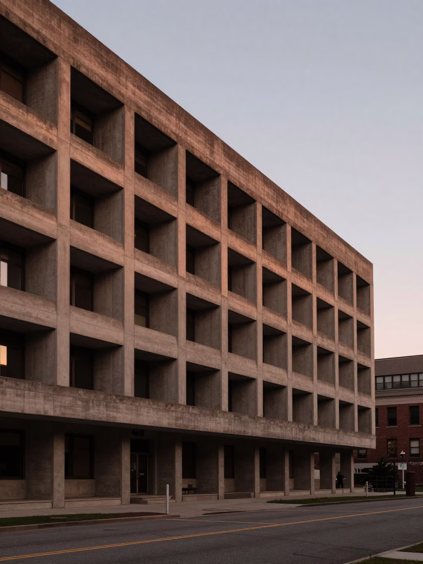 Brutalist Concrete University Building in Boston Massachusetts Under Copper Toned Dusk Light in in Boston, Massachusetts, United States