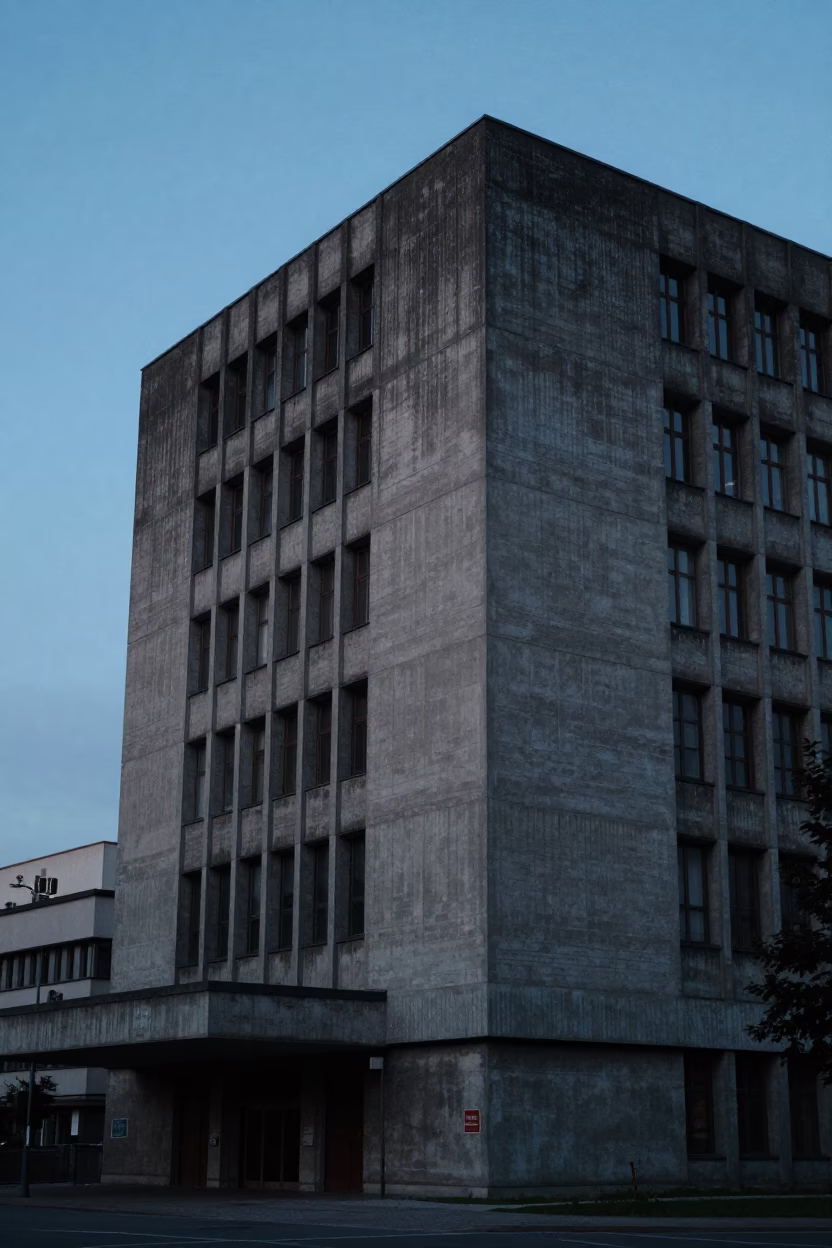 Brutalist Concrete University Building in Pre-Dawn Prague Czech Republic Early Morning Light in in Prague, Czech Republic