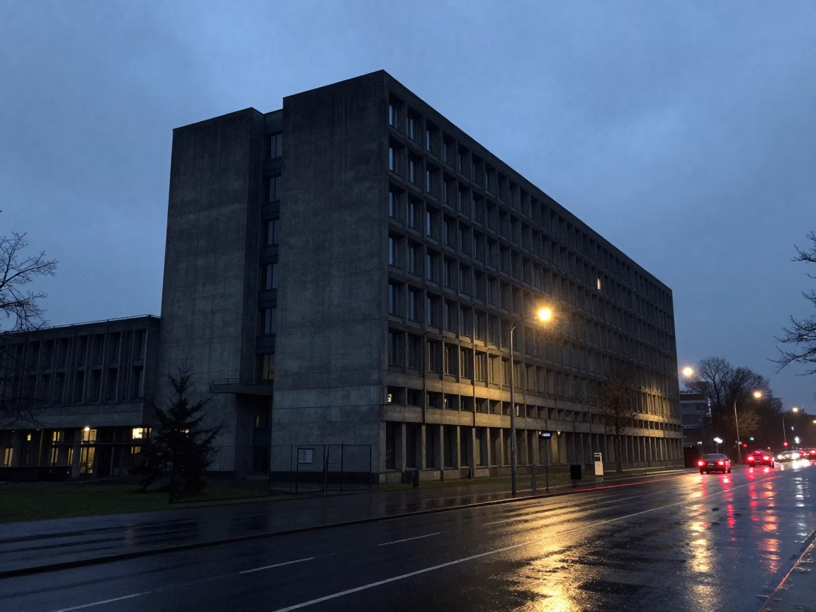 Brutalist Concrete University Building in Predawn Berlin Germany Rain in in Berlin, Germany