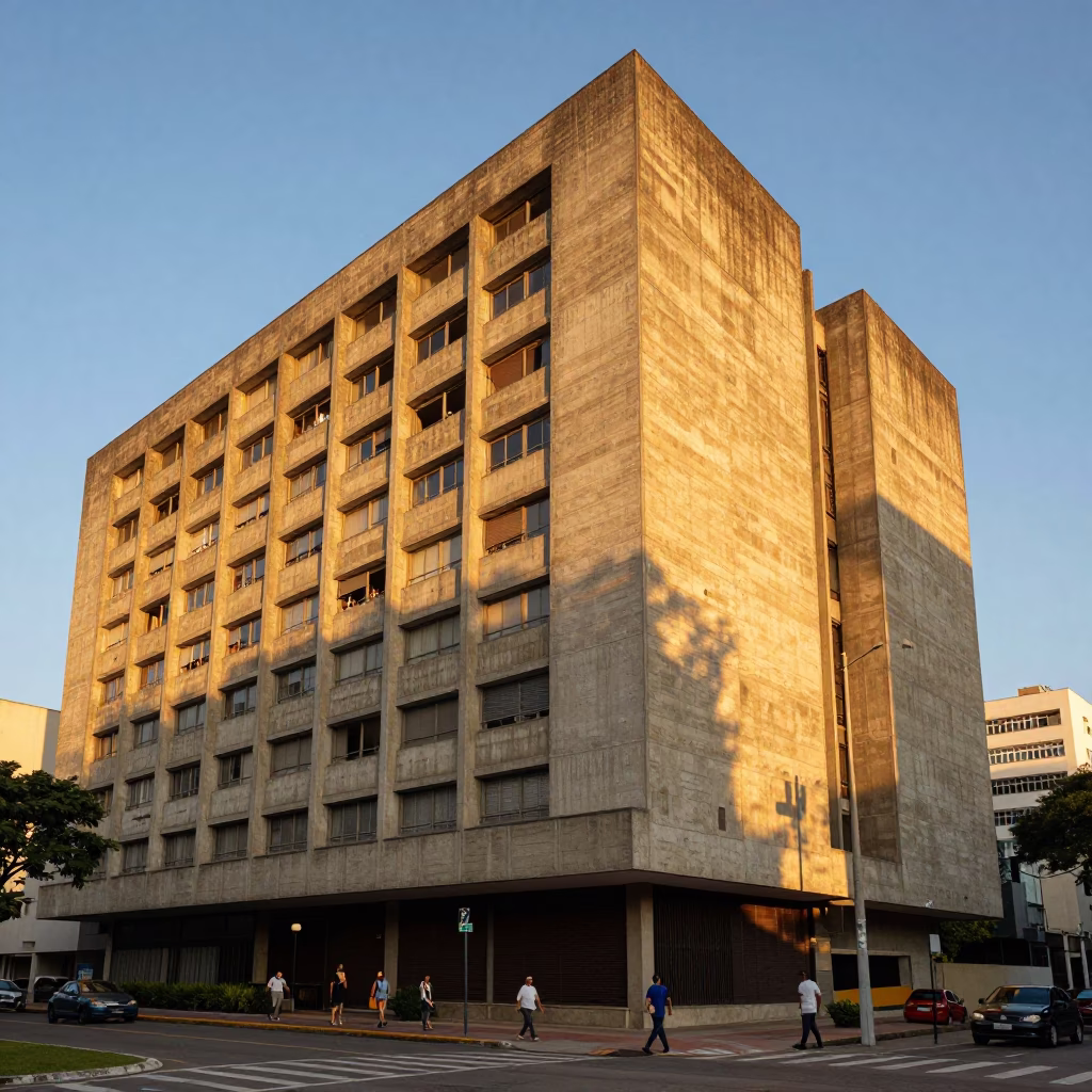 Brutalist Concrete University Building in São Paulo Evening Light with Street Life in in São Paulo, Brazil