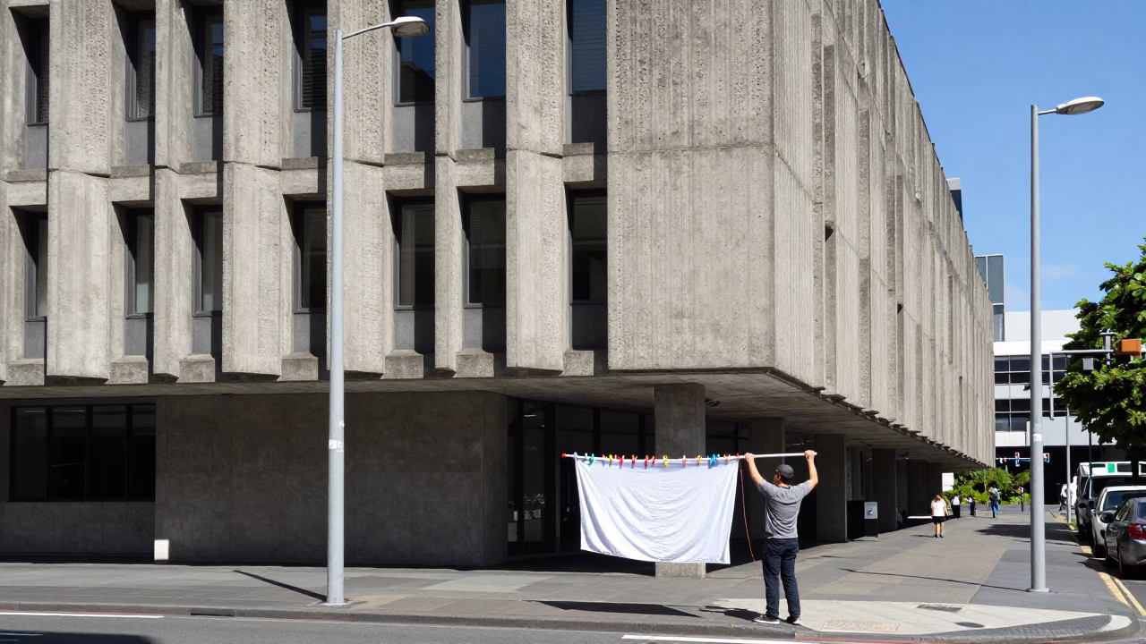 Brutalist Concrete University Building Midday Sun Auckland New Zealand Street Scene in in Auckland, New Zealand