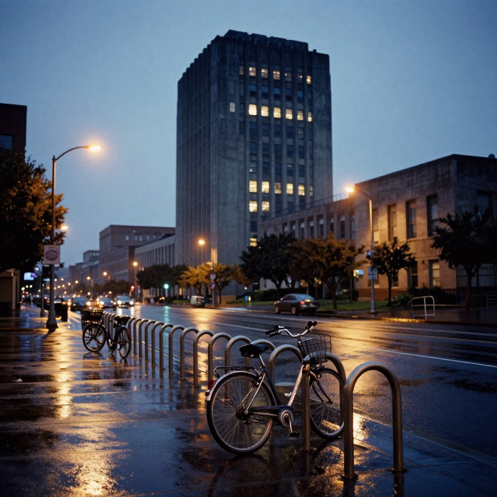 Brutalist Concrete University Tower And Wet Bicycle Rack in San Francisco in in San Francisco, California, United States