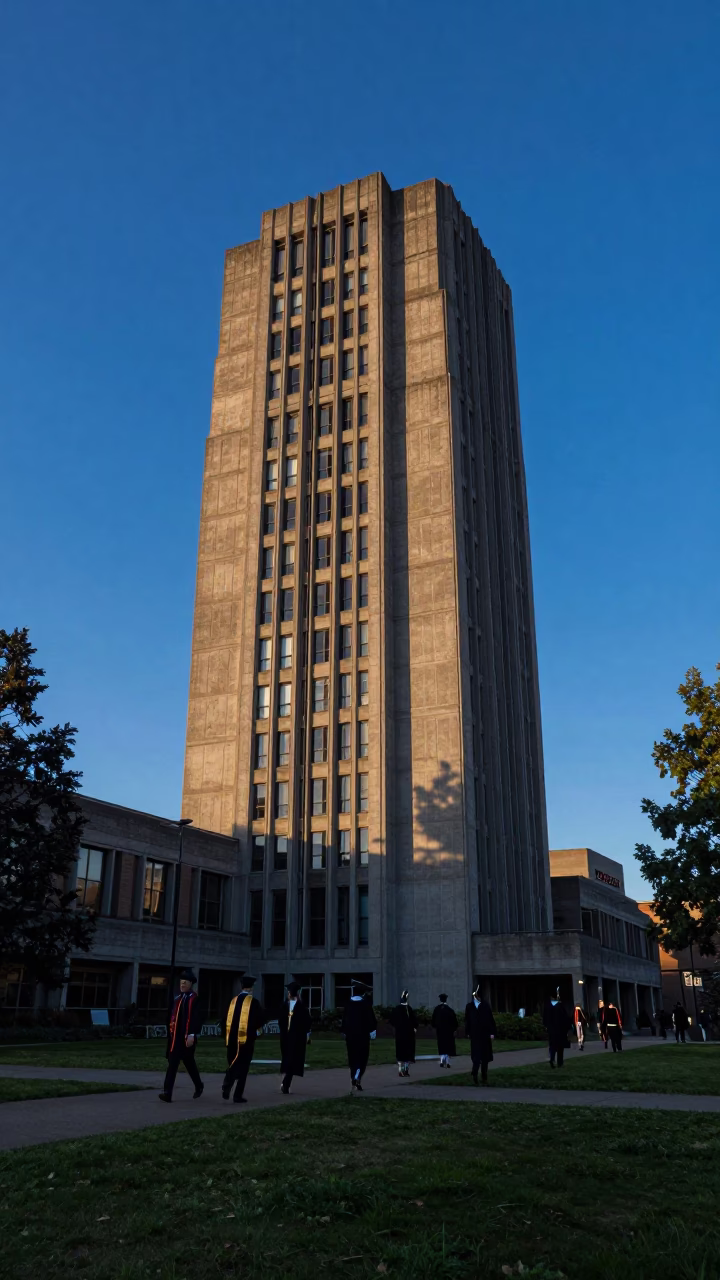 Brutalist Concrete University Tower at Blue Hour in Portland Oregon in in Portland, Oregon, United States