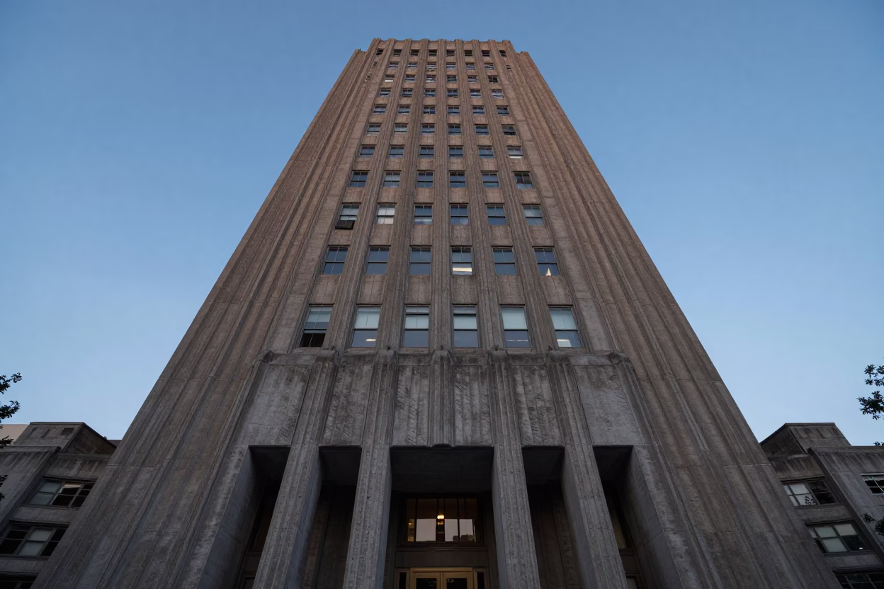 Brutalist Concrete University Tower at Dusk in Boston Massachusetts During Blue Hour in in Boston, Massachusetts, United States