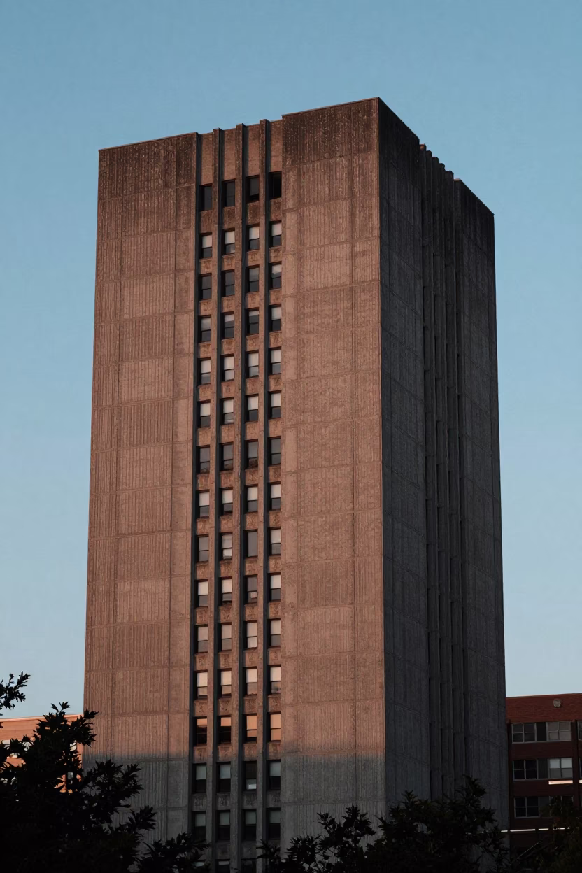 Brutalist Concrete University Tower at Dusk in Boston Massachusetts Evening Light in in Boston, Massachusetts, United States