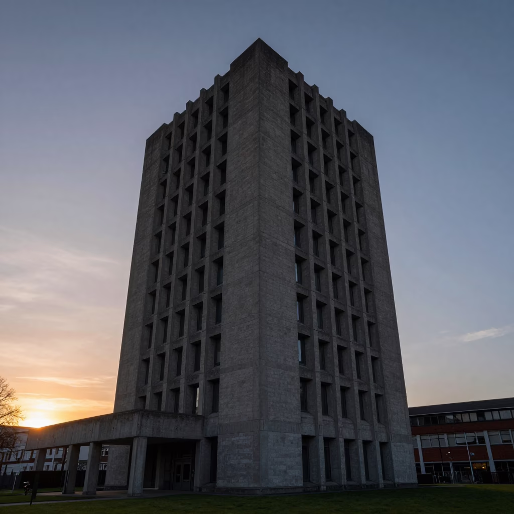 Brutalist Concrete University Tower at Dusk in Dublin Ireland in in Dublin, Ireland