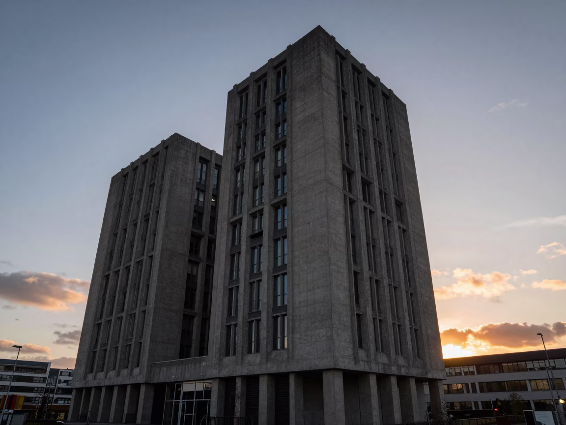 Brutalist Concrete University Tower at Dusk in Liverpool UK with Metro Train in in Liverpool, United Kingdom