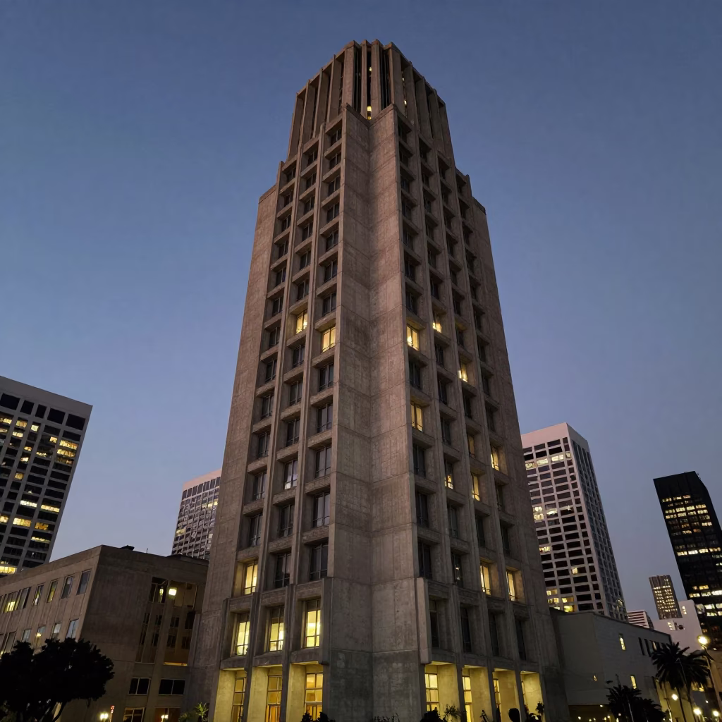 Brutalist Concrete University Tower at Dusk with City Lights in Los Angeles in in Los Angeles, California, United States