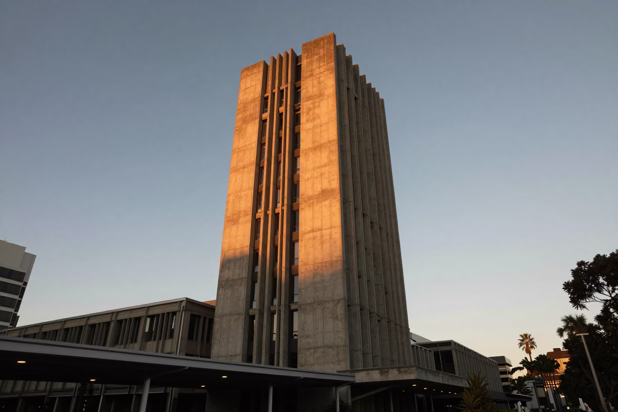 Brutalist Concrete University Tower in Auckland Evening Light with Gazebo and River in in Auckland, New Zealand