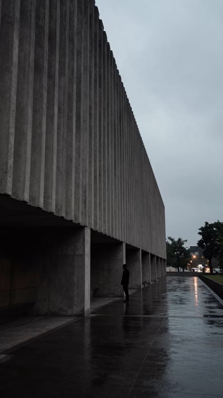 Brutalist Lobby Silhouette After Rain in inside a ribbed concrete lobby in Sialkot