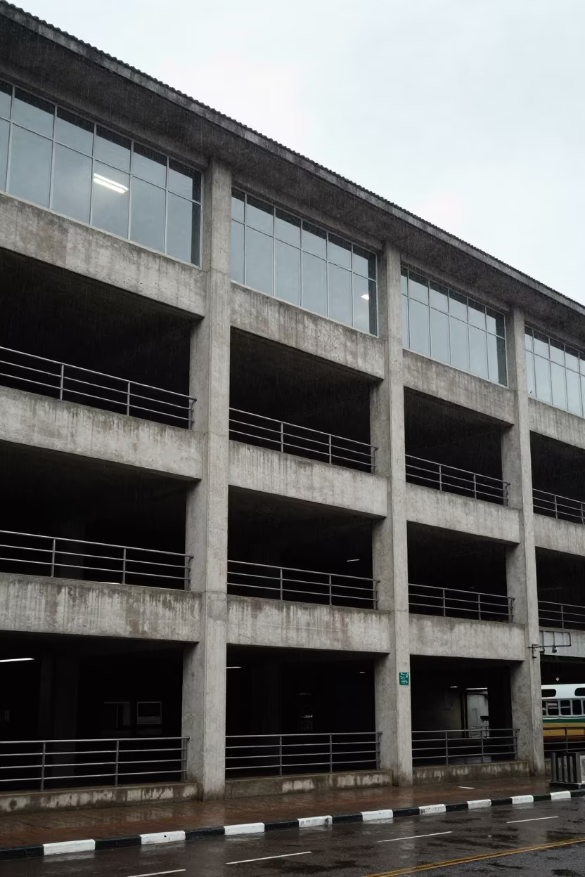 Brutalist Parking Garage in Kumasi Train Terminal in inside a restored train terminal in Kumasi