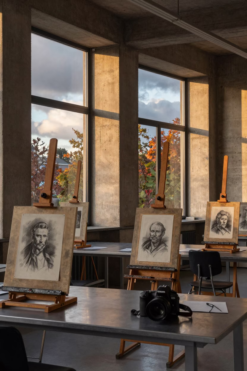 Brutalist Rome Art Classroom Evening Light in inside an art classroom in Rome