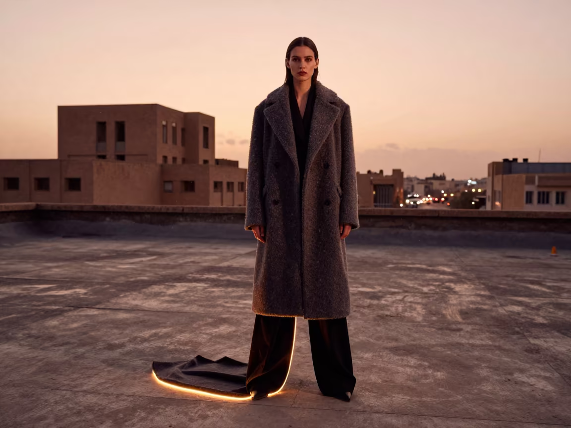 Brutalist Rooftop Editorial in Shiraz Sleet in on a rooftop above evening traffic in Shiraz
