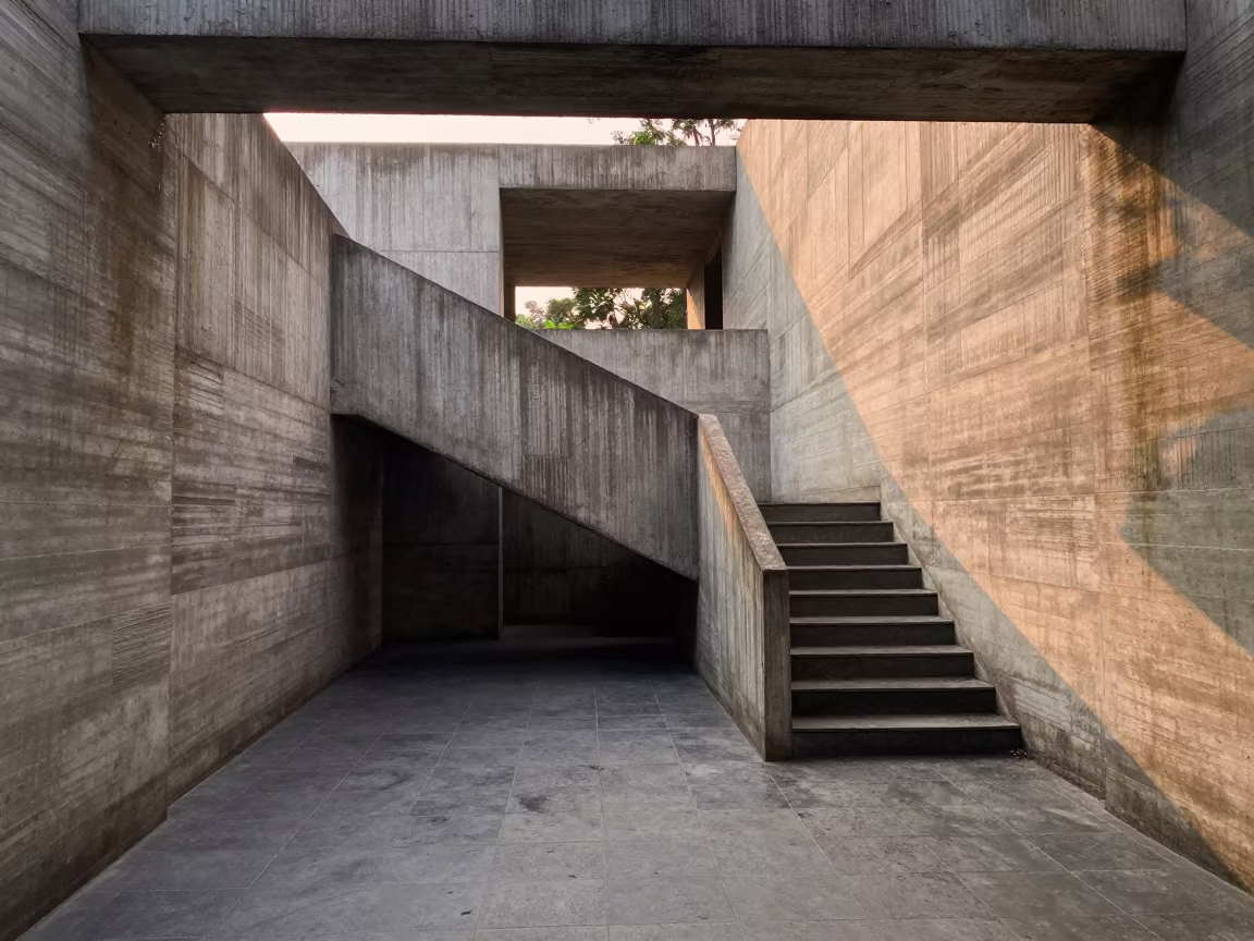 Brutalist Stair Hall in Copper Golden Light in inside a tiled stair hall near Delhi