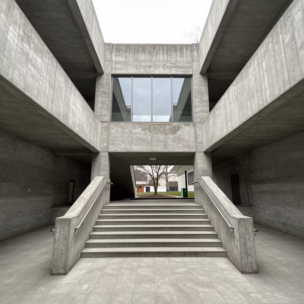Brutalist Stair Hall with Mirrored Reflections in inside a tiled stair hall in Mehrauli, Delhi
