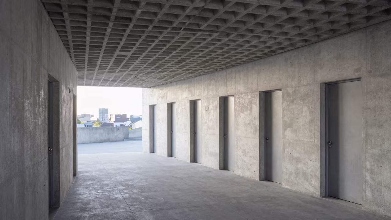 Brutalist Stair Hall with Waffle Ceiling Doors in inside a tiled stair hall in Hosier Lane, Melbourne