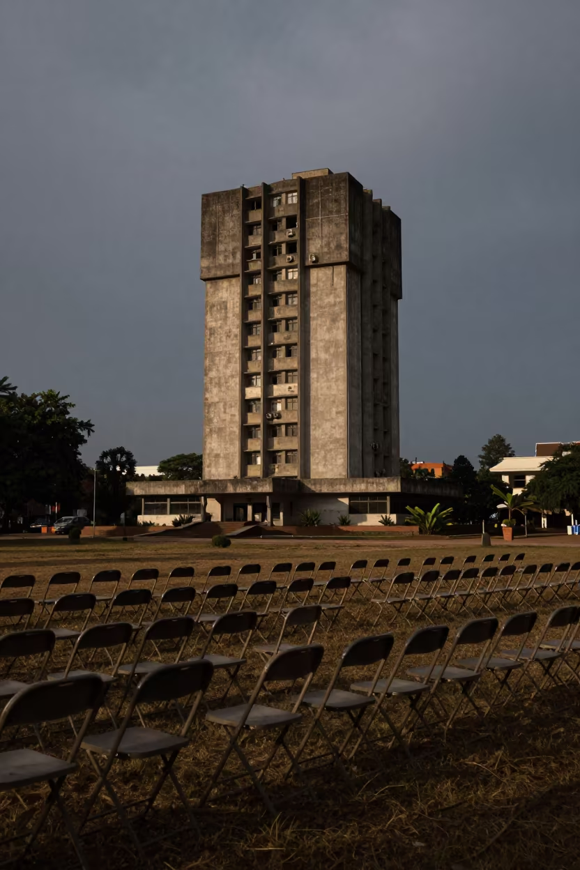 Brutalist Tower at Dusk on Bamako Lawn in on a graduation lawn under folding chairs near Bamako