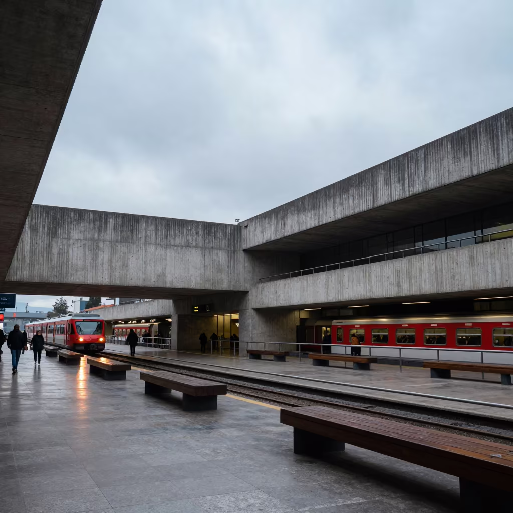 Brutalist Train Terminal Bogota Early Morning in inside a restored train terminal in Bogota