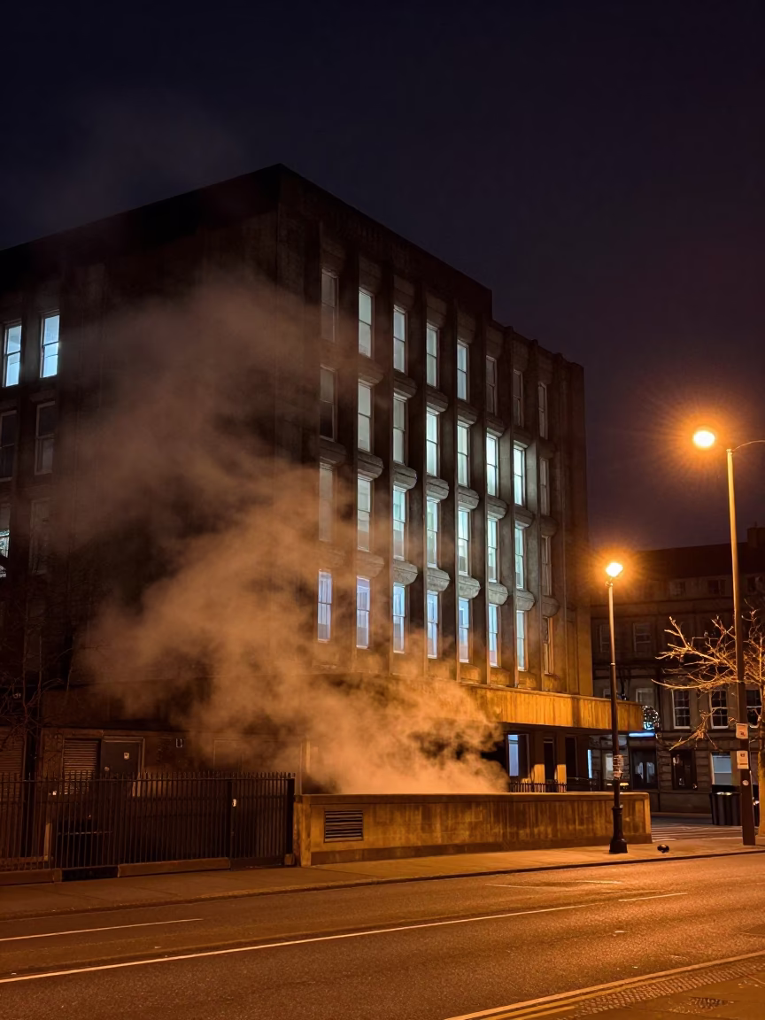 Brutalist University Architecture in Edinburgh at Night with Steam Haze and Urban Reflections in in Edinburgh, United Kingdom