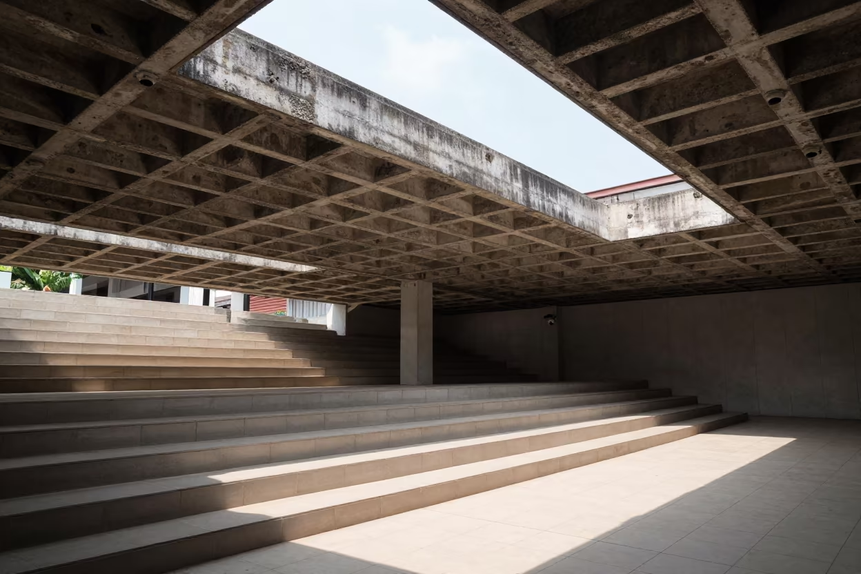 Brutalist Waffle Ceiling in Malacca Stair Hall in inside a tiled stair hall in Malacca