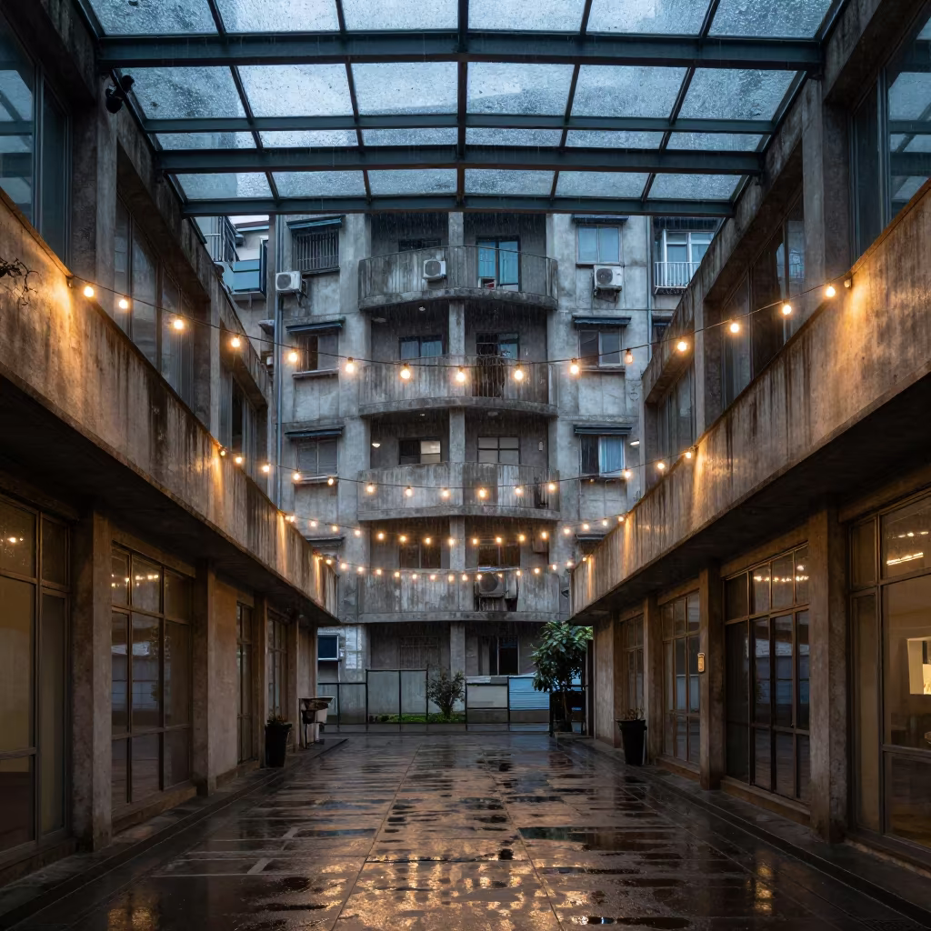 Brutist Concrete Block Under Glass Arcade in inside a glass-roofed arcade in Keelung
