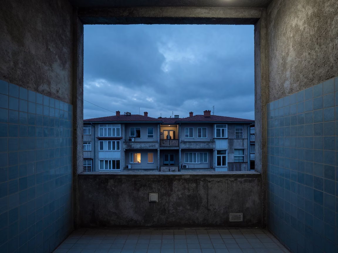 Brutist Stair Hall Blue Twilight Istanbul in inside a tiled stair hall in Istanbul